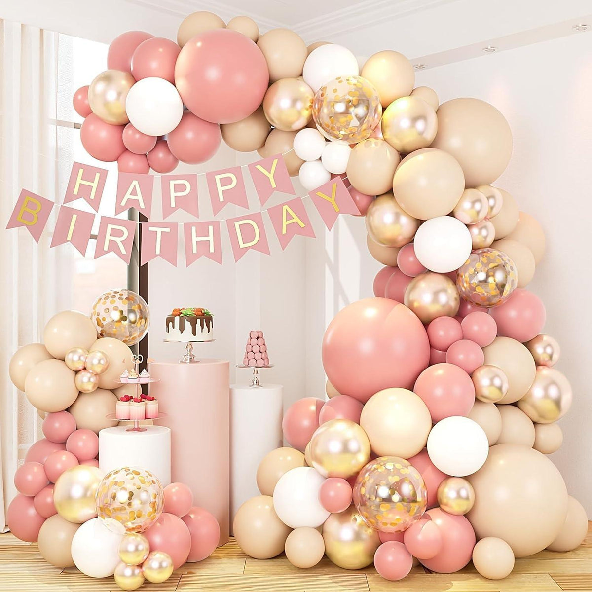 Rosa Beige Gold Luftballons Girlande Set, 138 Stück