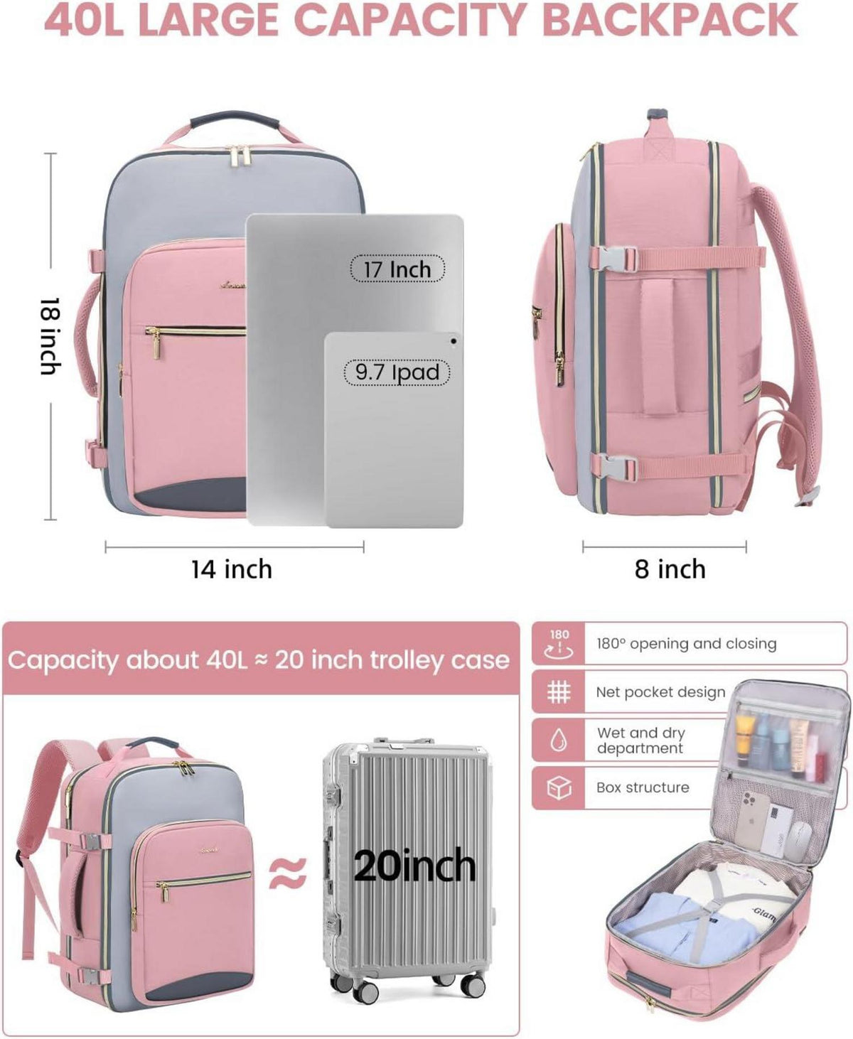 Handgepäck Rucksack 40L Damen Herren Wasserdicht Laptop 17