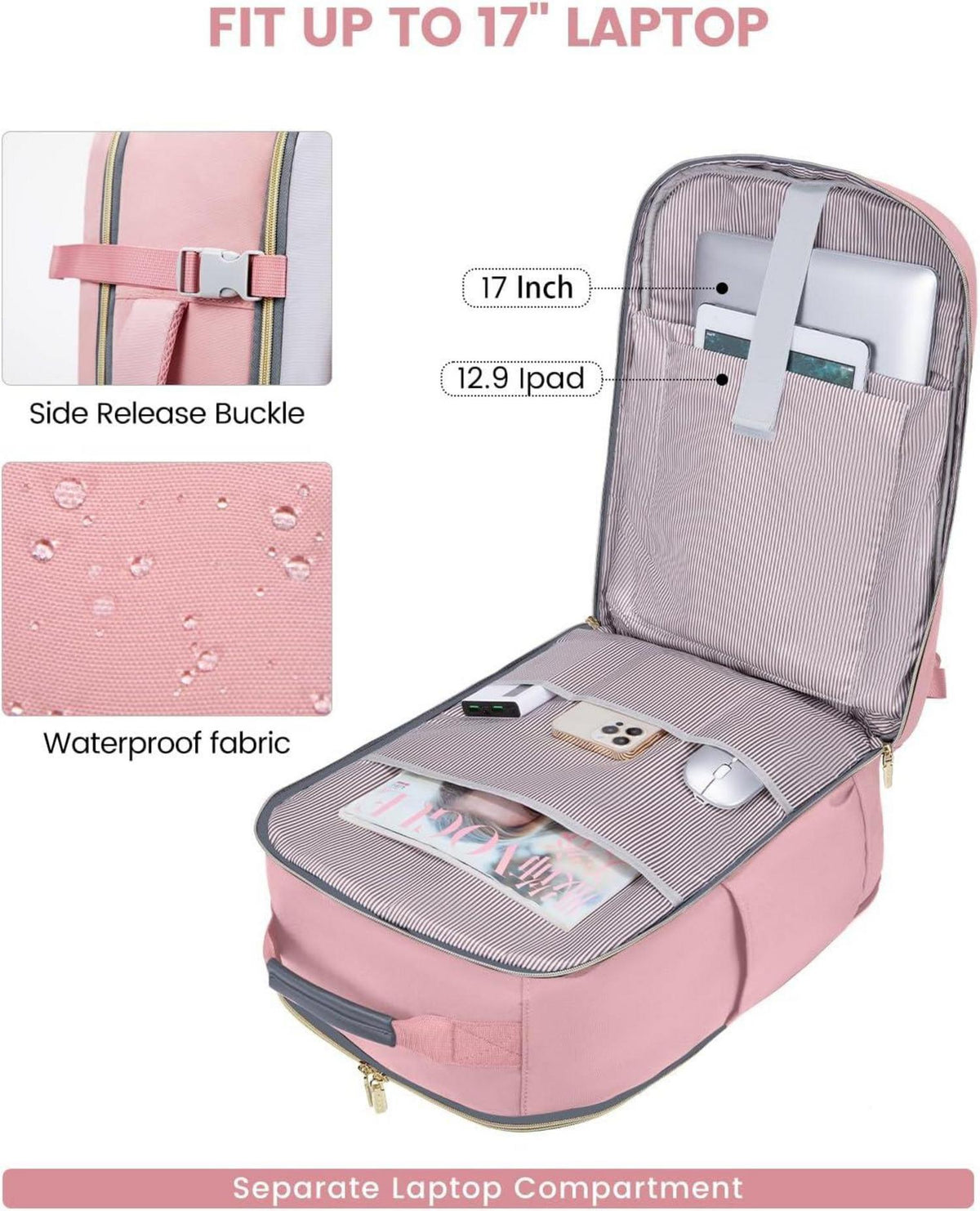 Handgepäck Rucksack 40L Laptopfach 17 Zoll Wasserdicht Herren Damen