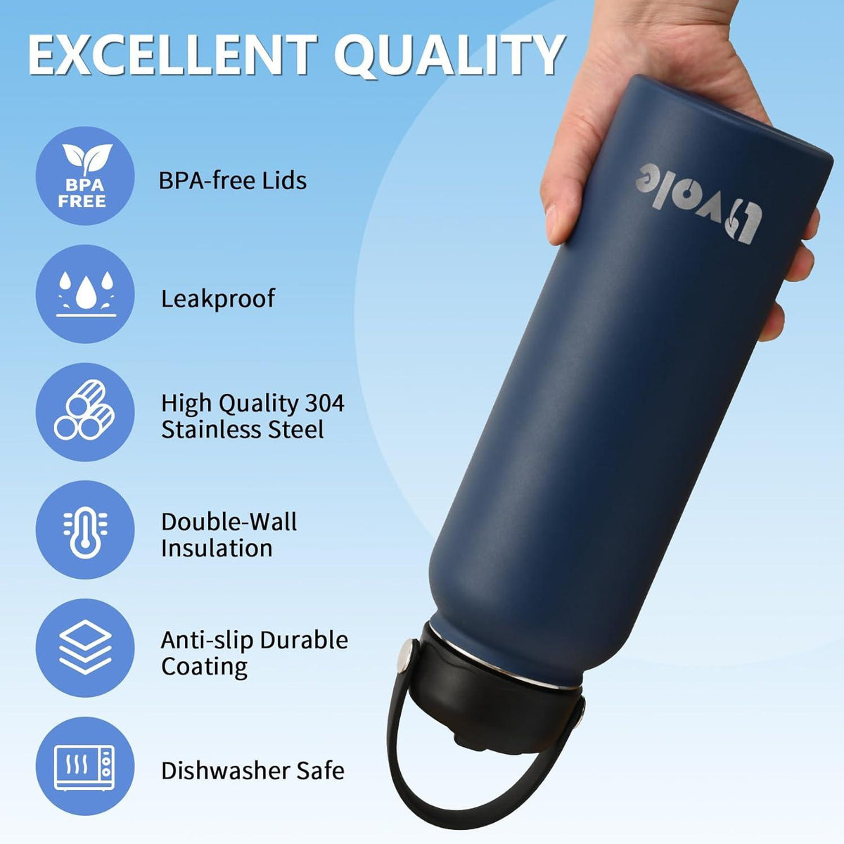 Livole 40oz Edelstahl Trinkflasche Strohhalm Isoliert Marineblau