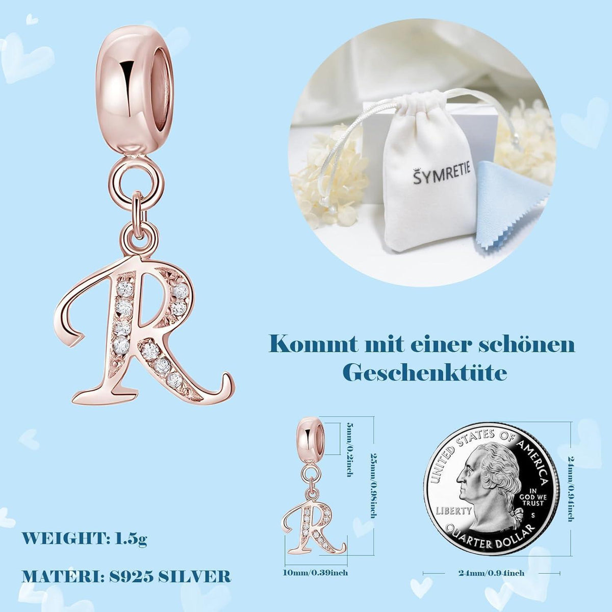 Damen Charm Anhänger Rose Gold Buchstabe A-Z 925 Sterling Silber Zirkonia