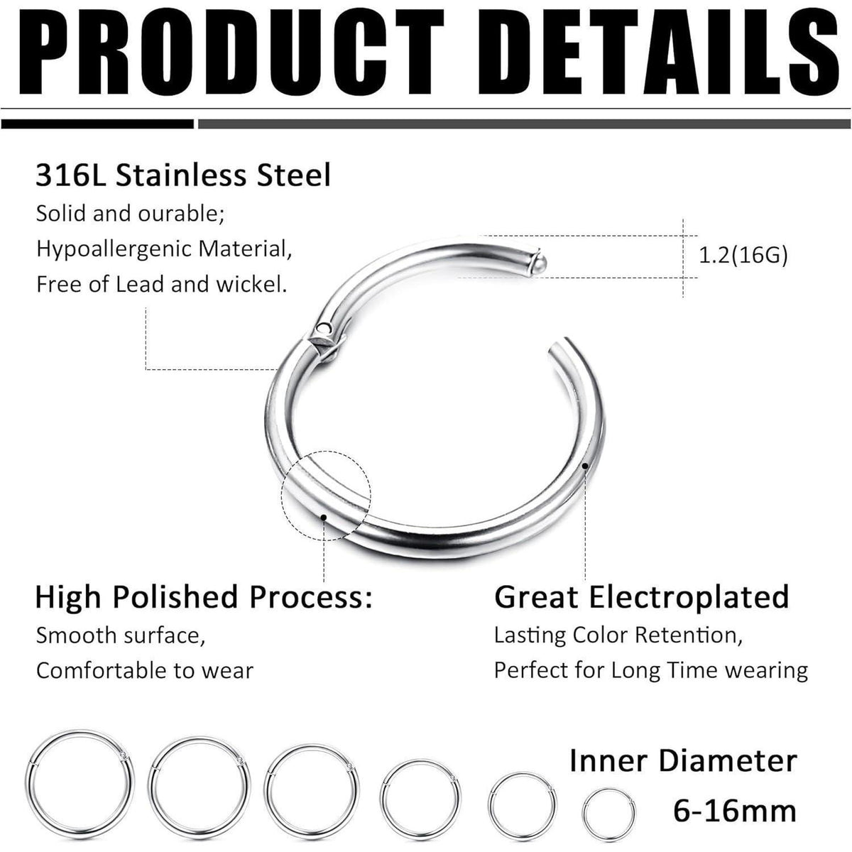 Edelstahl Nasenpiercing Ringe 12er Set 16G Hypoallergen für Damen Herren