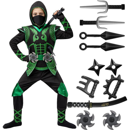 Kinder Ninja Kostüm Grün mit Zubehör, Größe L