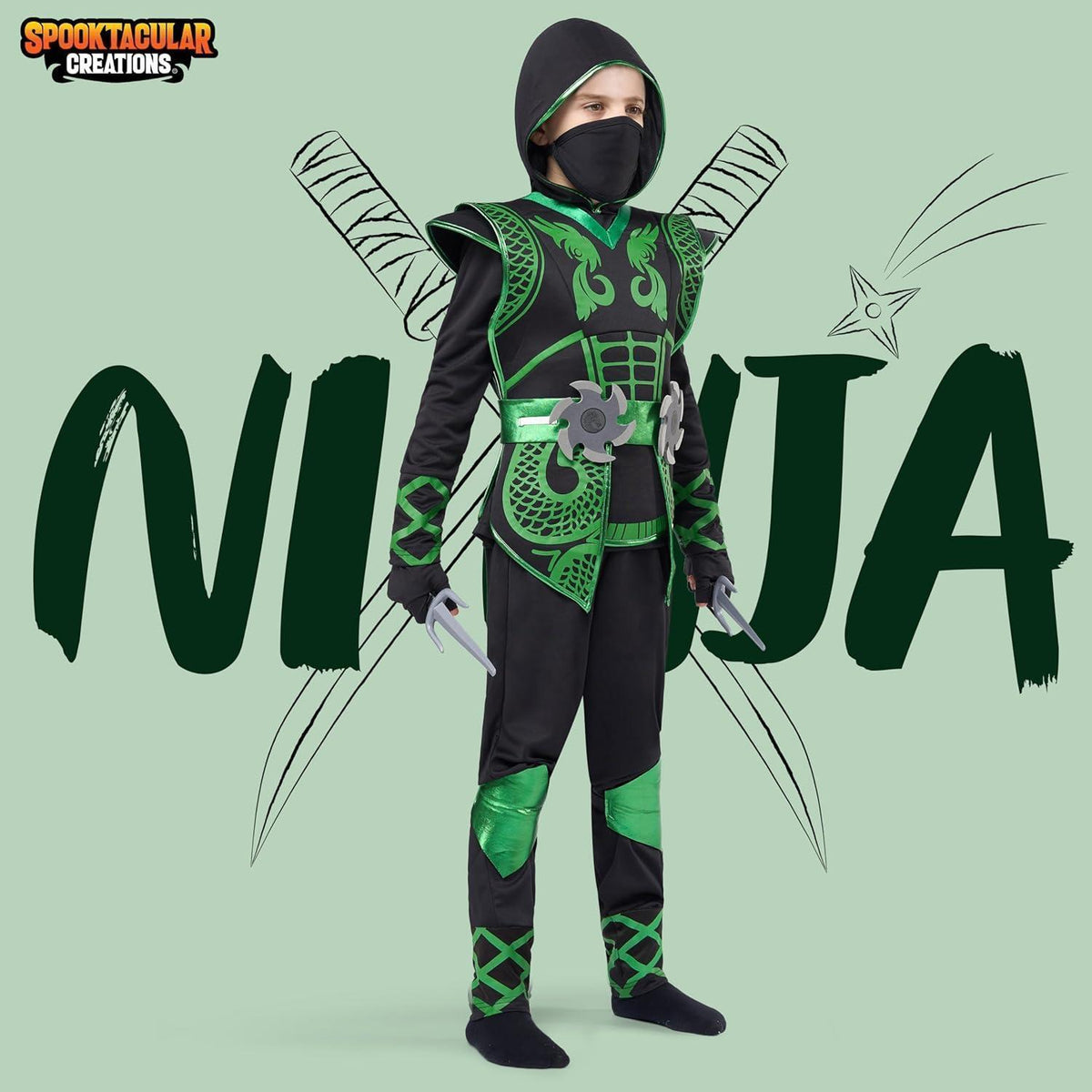 Kinder Ninja Kostüm Grün mit Zubehör, Größe L