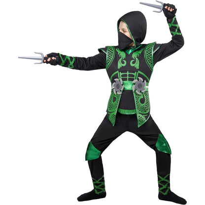 Kinder Ninja Kostüm Grün mit Zubehör, Größe L
