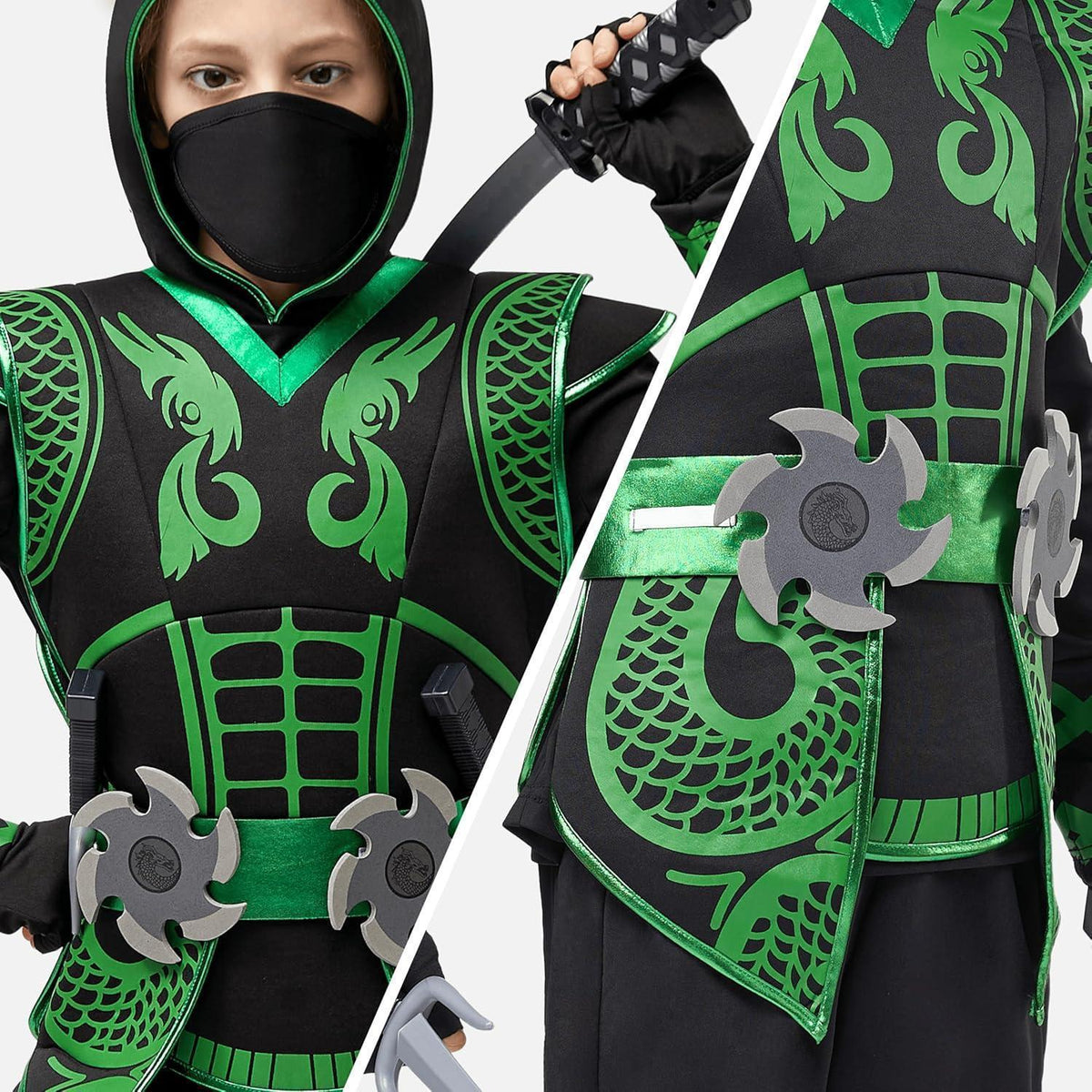 Kinder Ninja Kostüm Grün mit Zubehör, Größe L