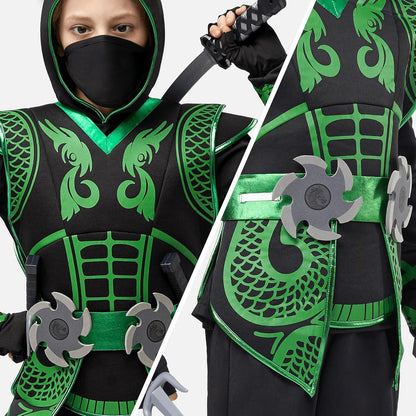 Kinder Ninja Kostüm Grün mit Zubehör, Größe L