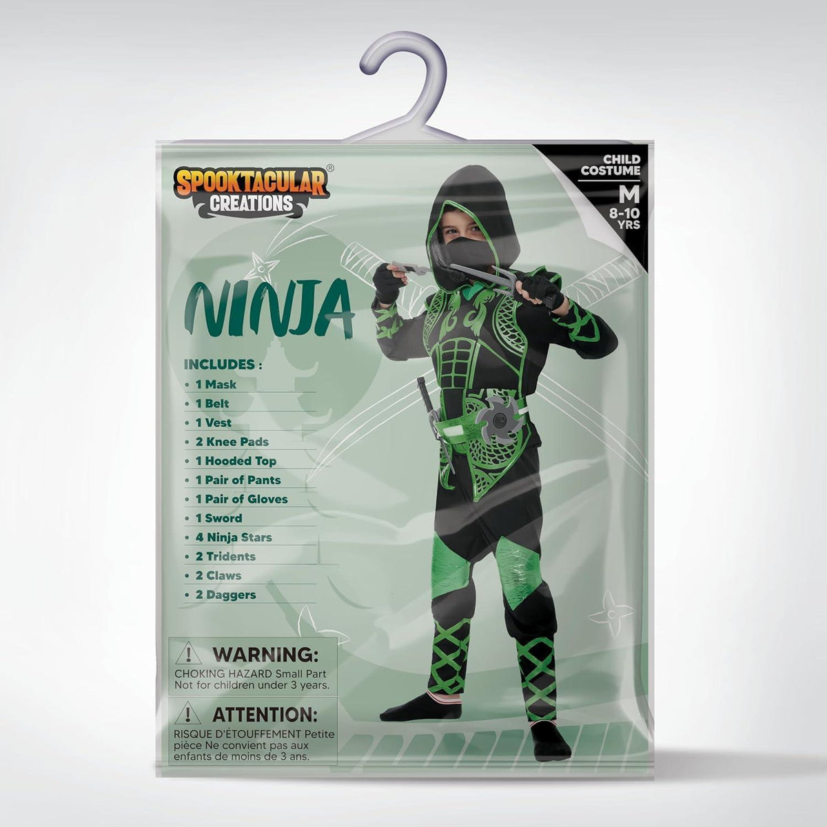 Kinder Ninja Kostüm Grün mit Zubehör, Größe L
