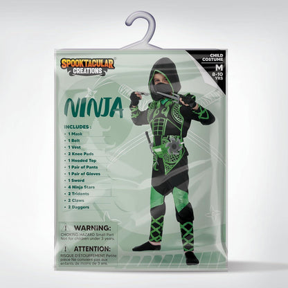 Kinder Ninja Kostüm Grün mit Zubehör, Größe L