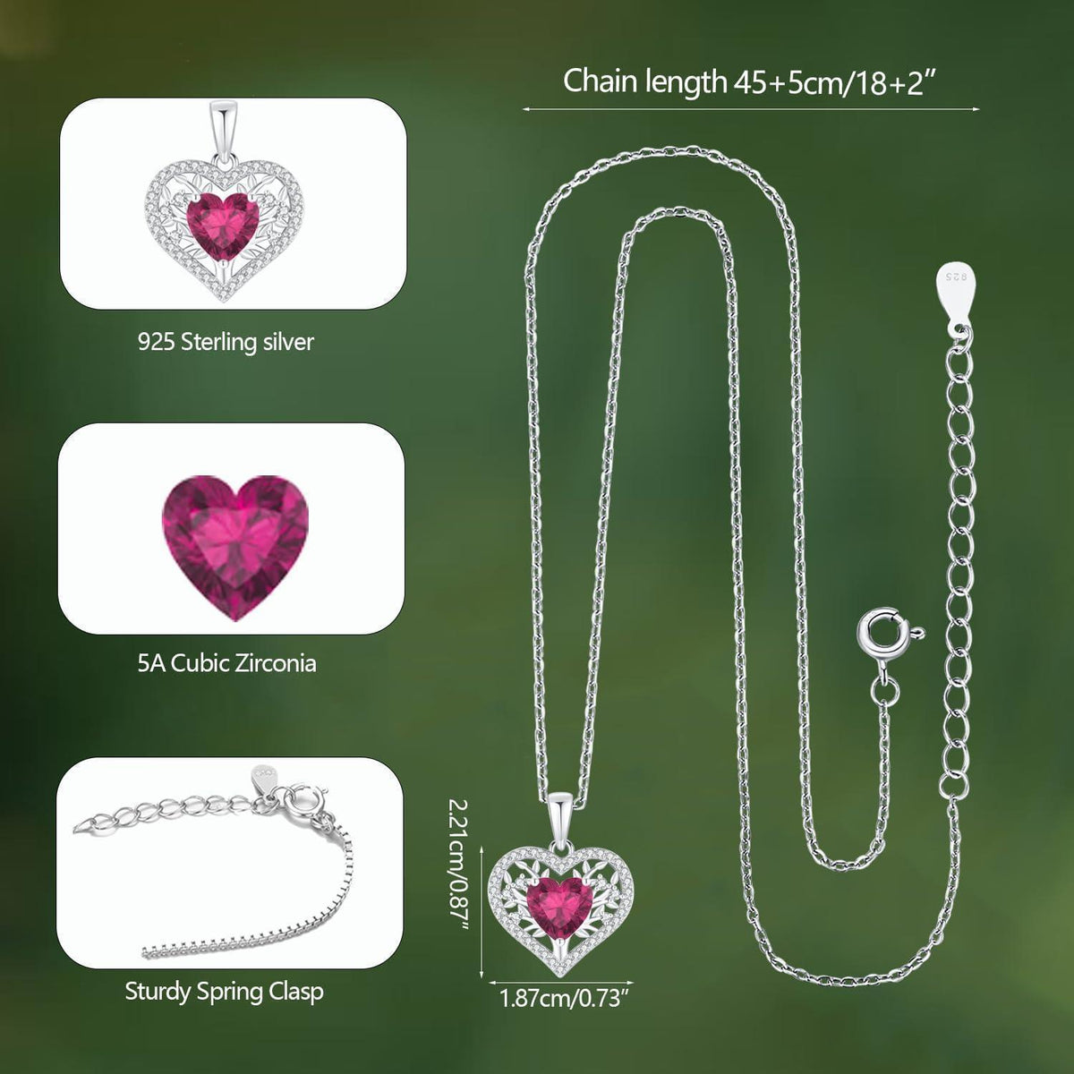 Lebensbaum Herz Kette Damen 925 Sterling Silber Geburtsstein