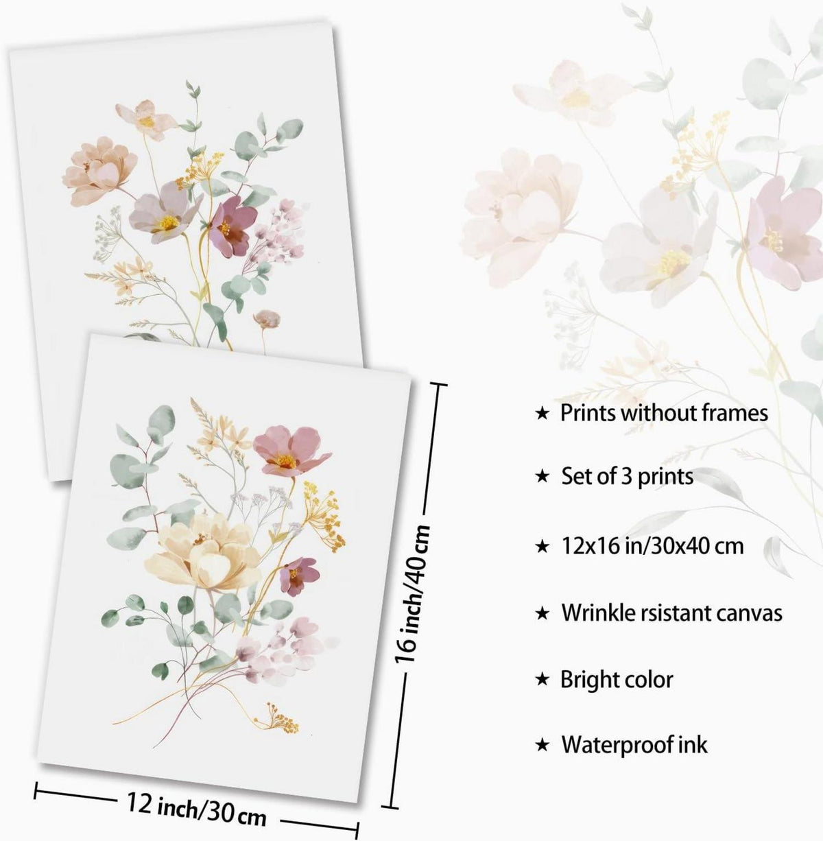 Aquarell Blumen Leinwand Bilder Wanddekoration 30x40 cm 3er Set