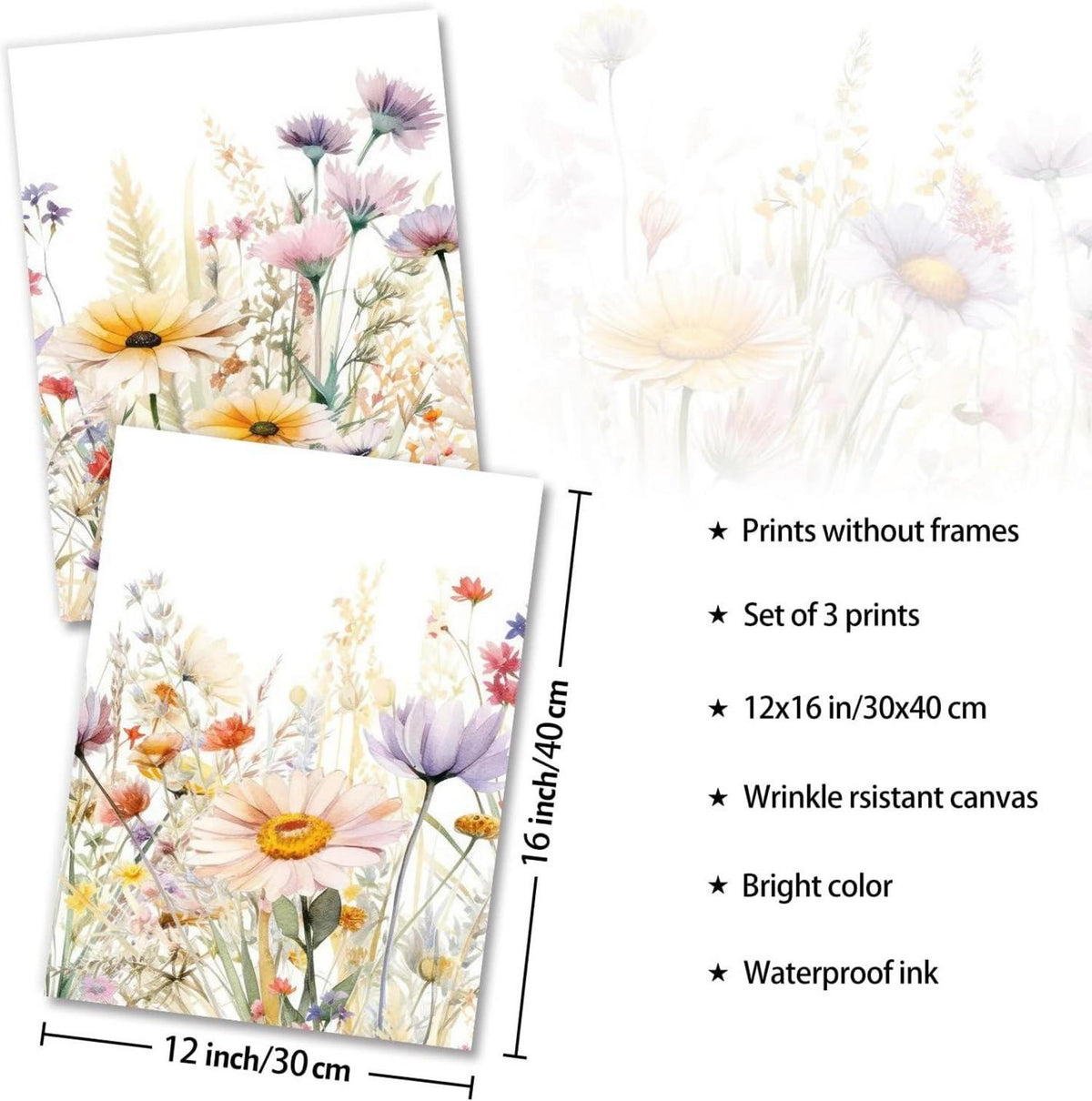 Wandbilder Wildblumen Aquarell Leinwand 30x40cm 3er SetGemälde Botanische Decor