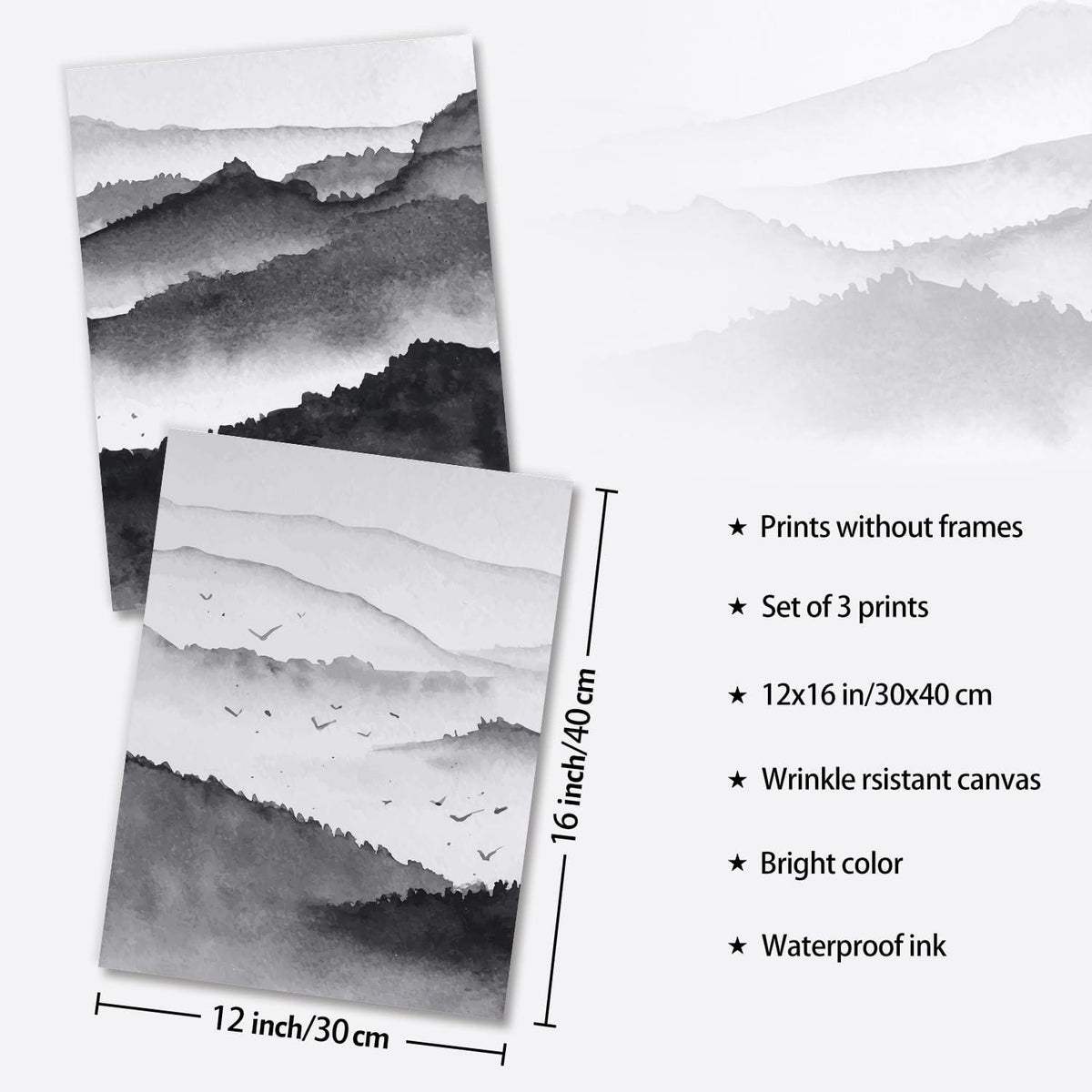 Kunstdrucke Poster Schwarz Weiß Berg Landschaft Wandbilder 30x40cm 3er