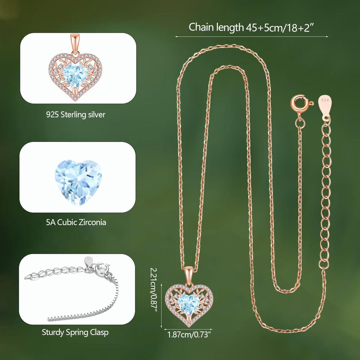 Silber Lebensbaum Herz Kette Damen 925 Sterling Geburtsstein