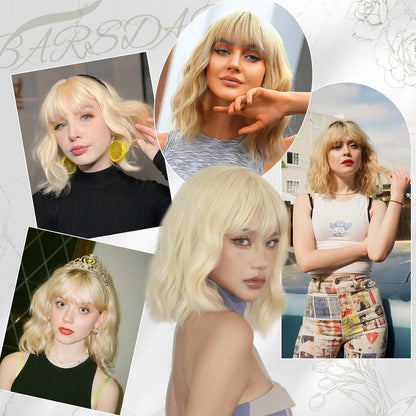 Kurze Gewellte Bob Perücken mit Pony Platin Blond Frauen Synthetische