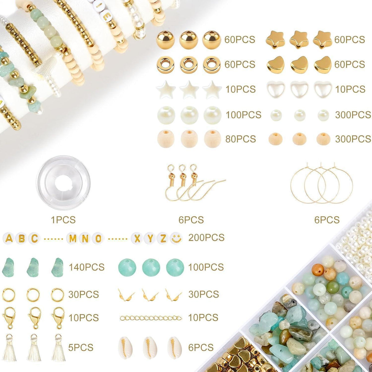 Amazonit Perlen Set für Armbänder, Naturstein & Holzperlen DIY