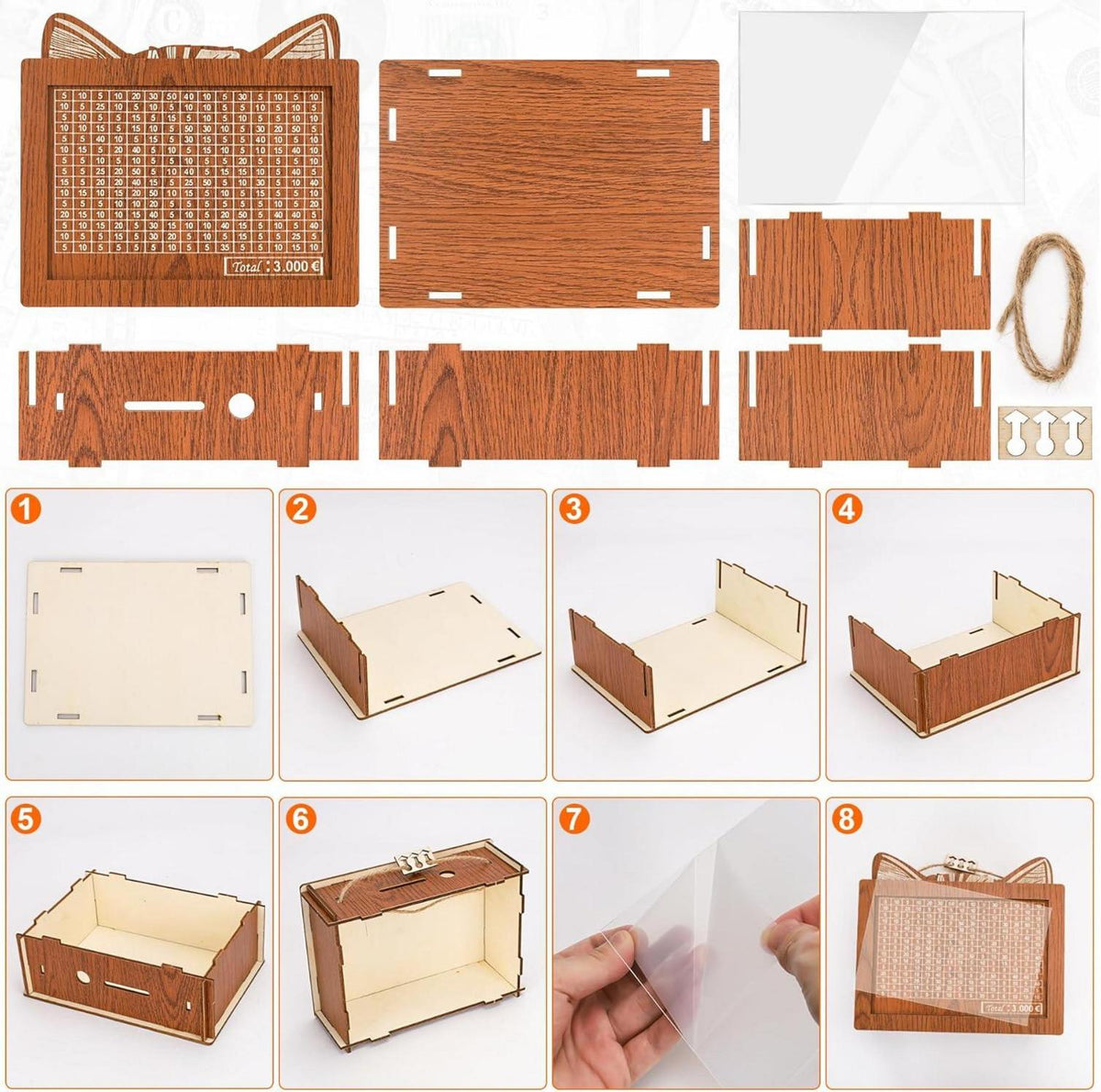 Spardose Holz Sparbox mit Zahlen Sparziel und Acrylplatte