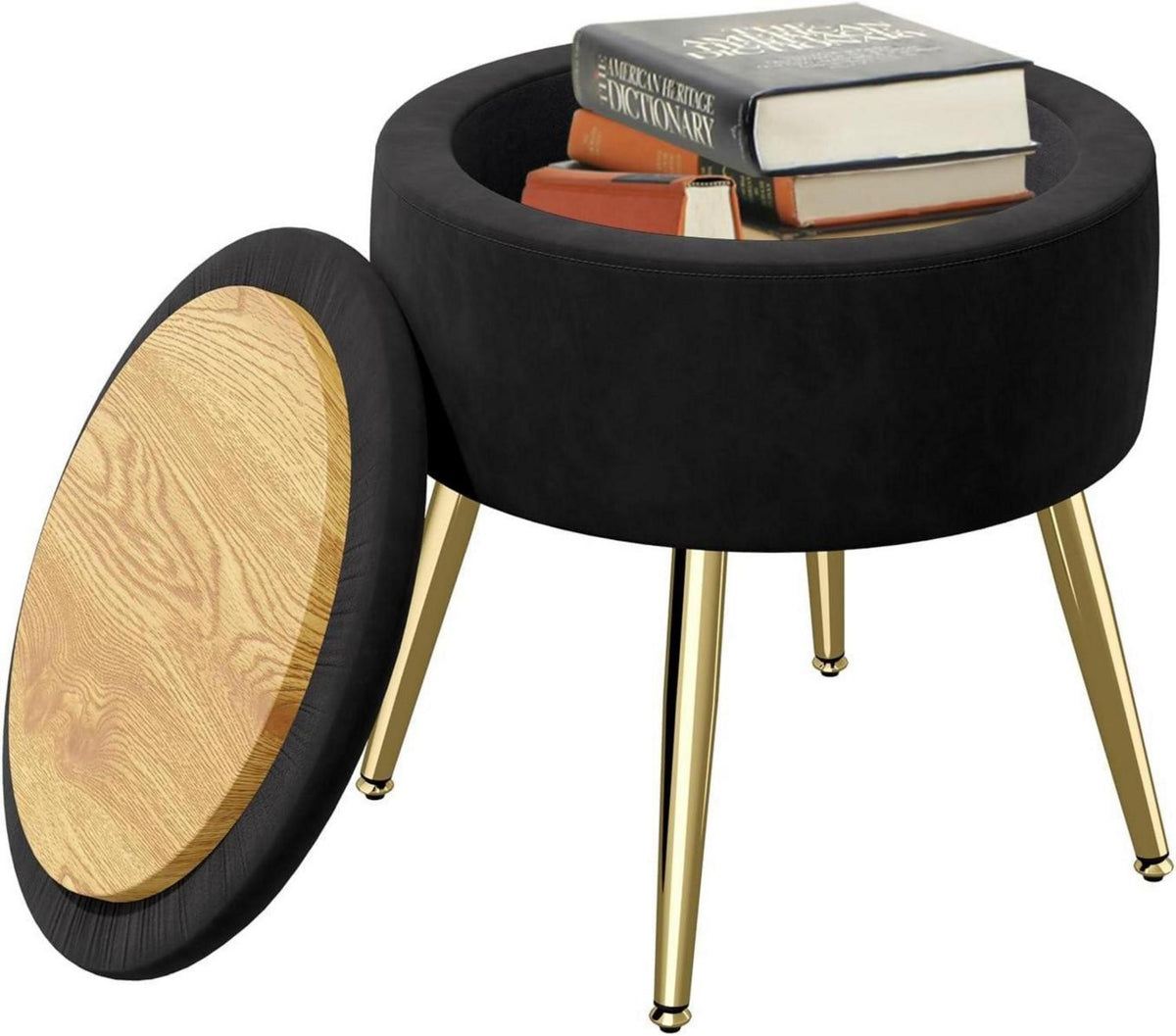 Runder Hocker mit Stauraum und Samtbezug Schwarz