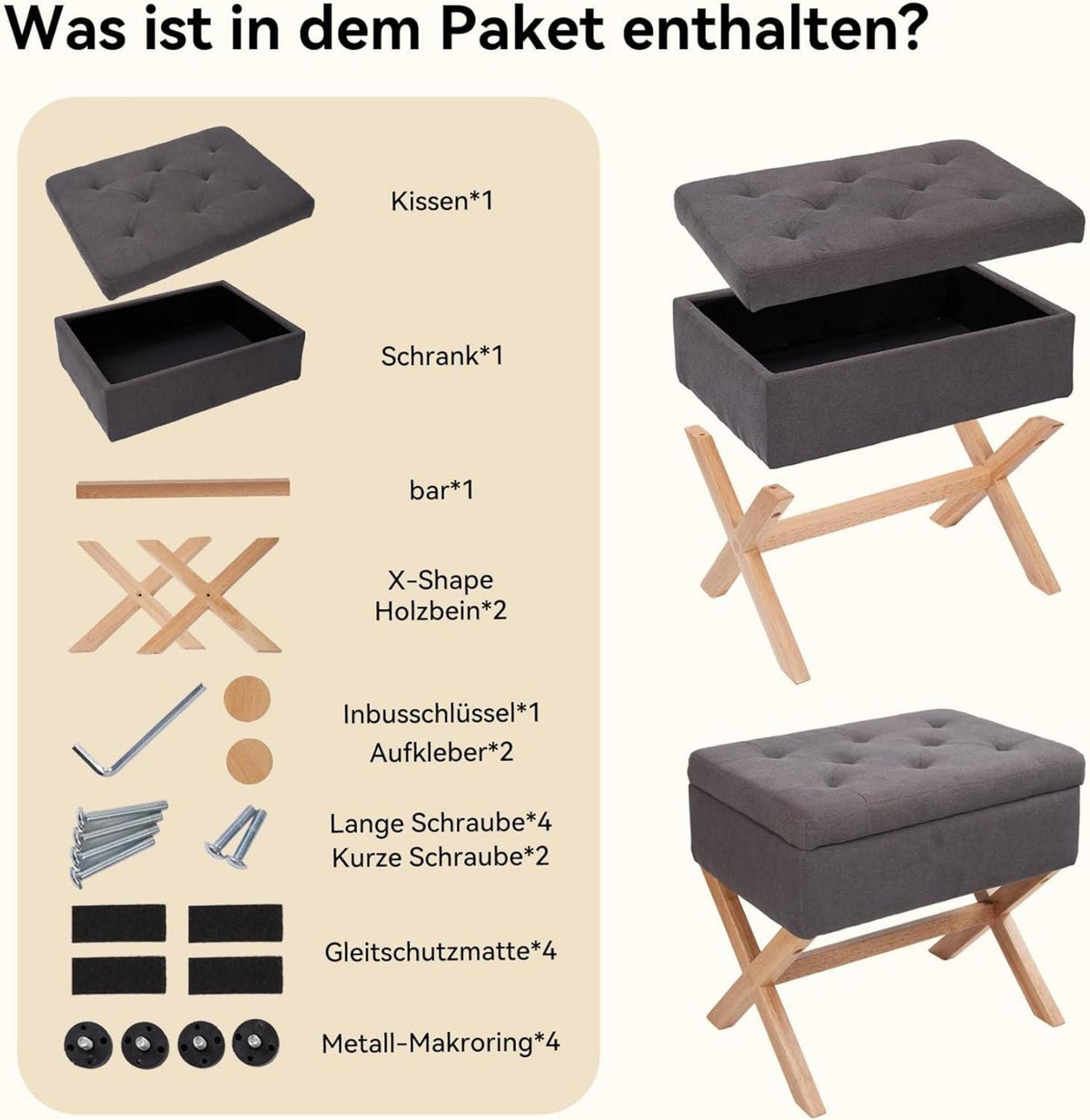Hawthyhome grauer Polsterhocker mit Stauraum X-Design 50cm