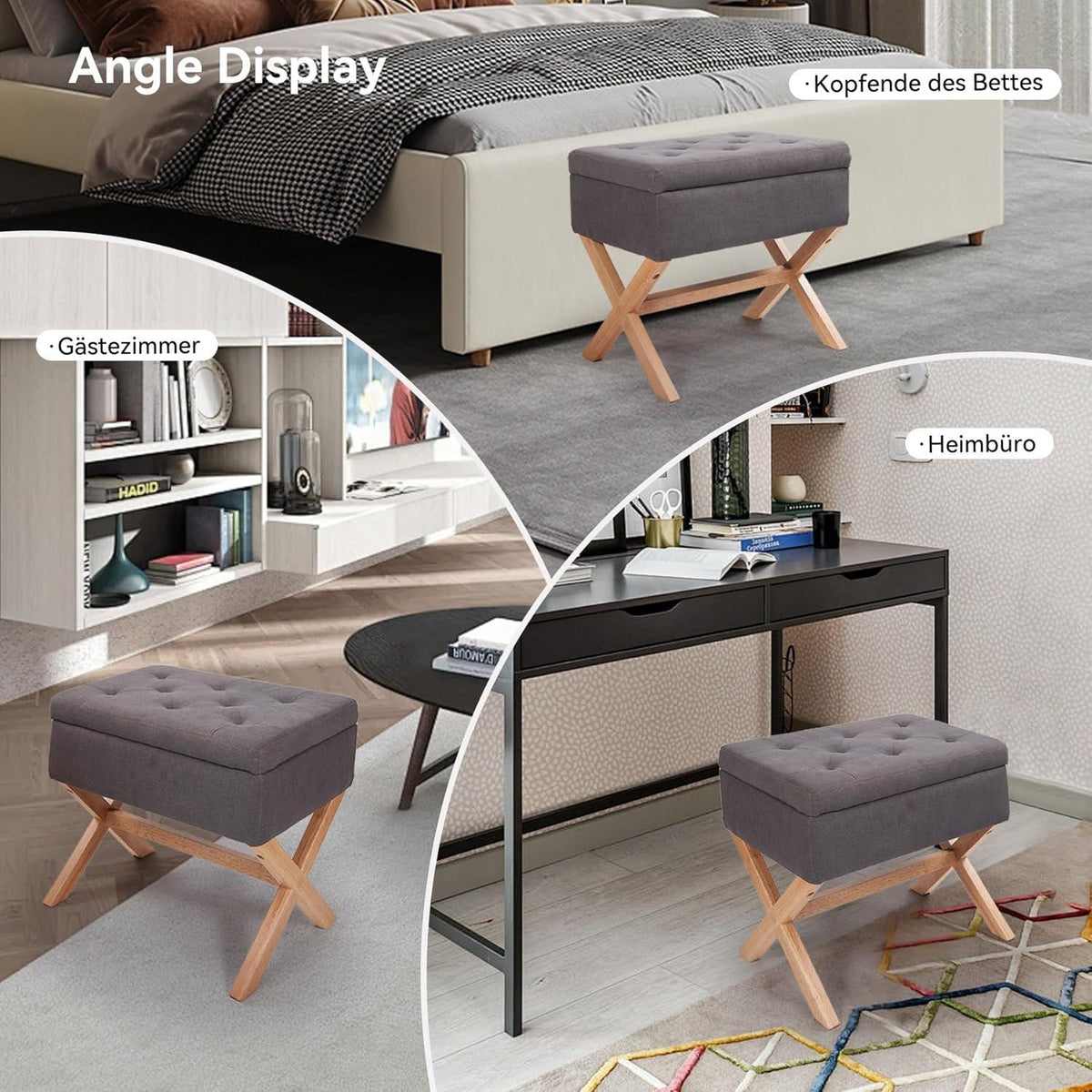 Hawthyhome grauer Polsterhocker mit Stauraum X-Design 50cm