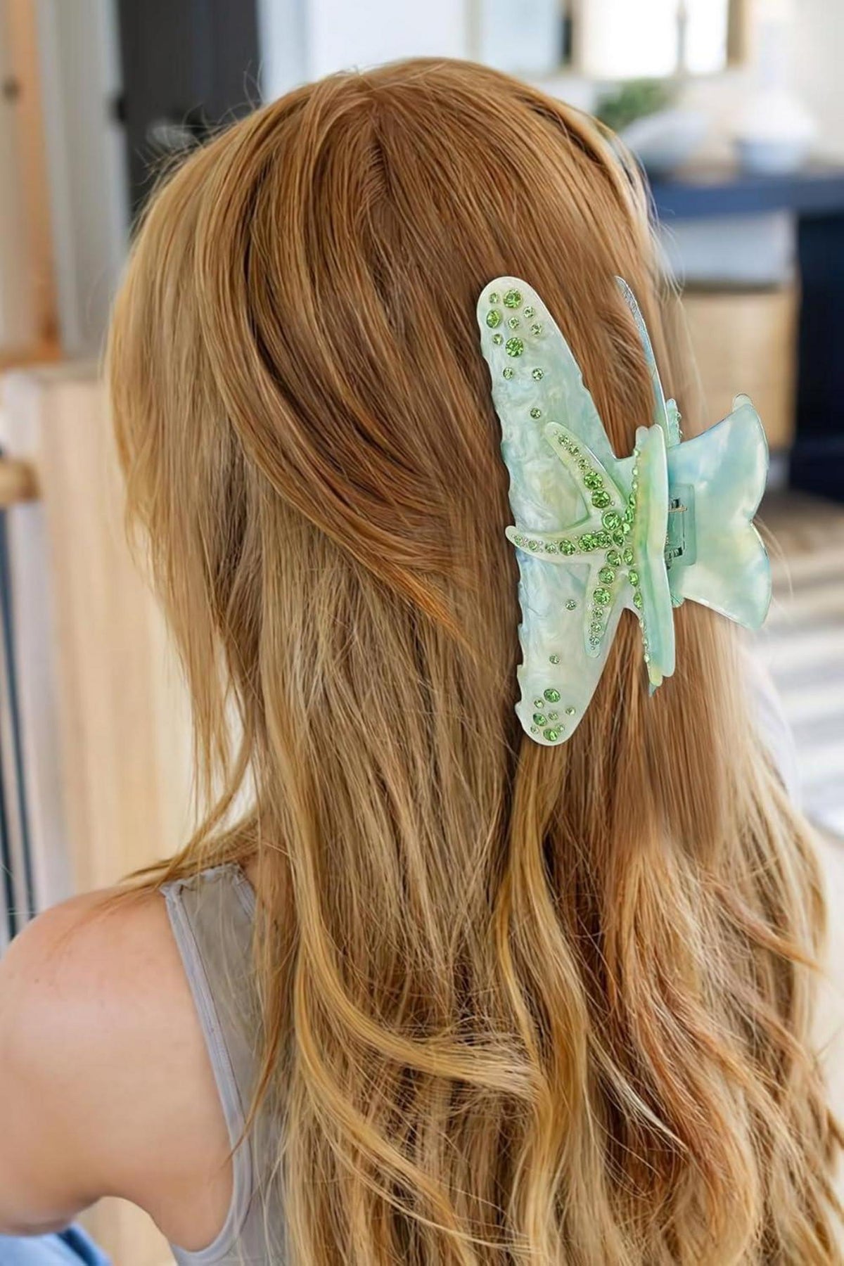 Elegante Haarspange mit Meeresmotiv und Strass, grünes Design