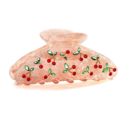 Rosa Kirsch Haarspange mit Strasssteinen und Blattmotiven