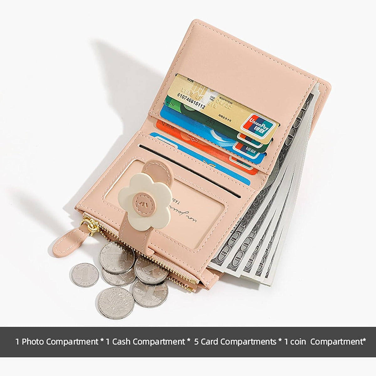 Kleines Portemonnaie Damen - PU Leder Bifold Geldbörse Viele Fächer Schwarz