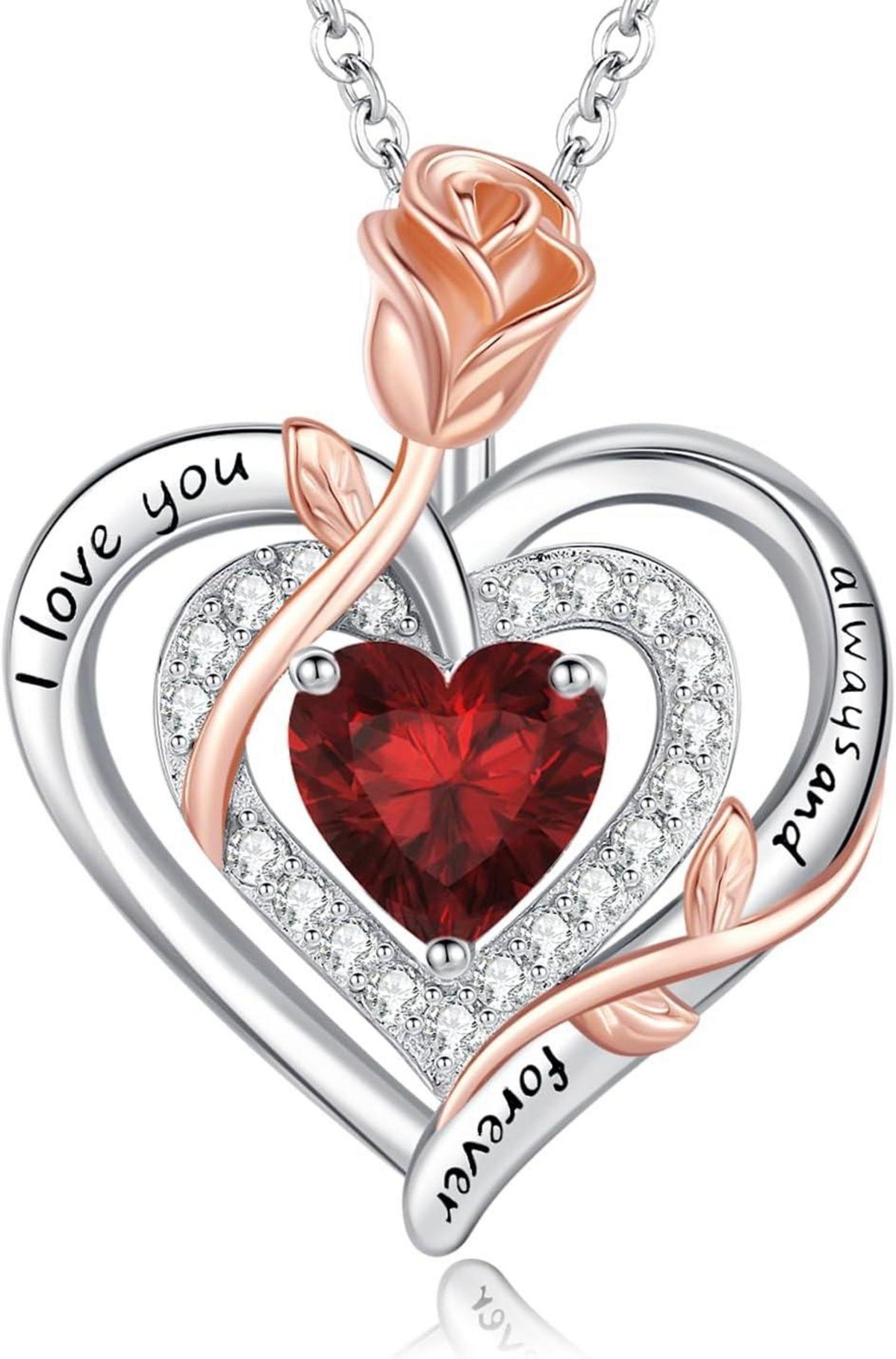 925 Sterling Silber Rose Blume Herz Halskette Geburtssteinanhänger