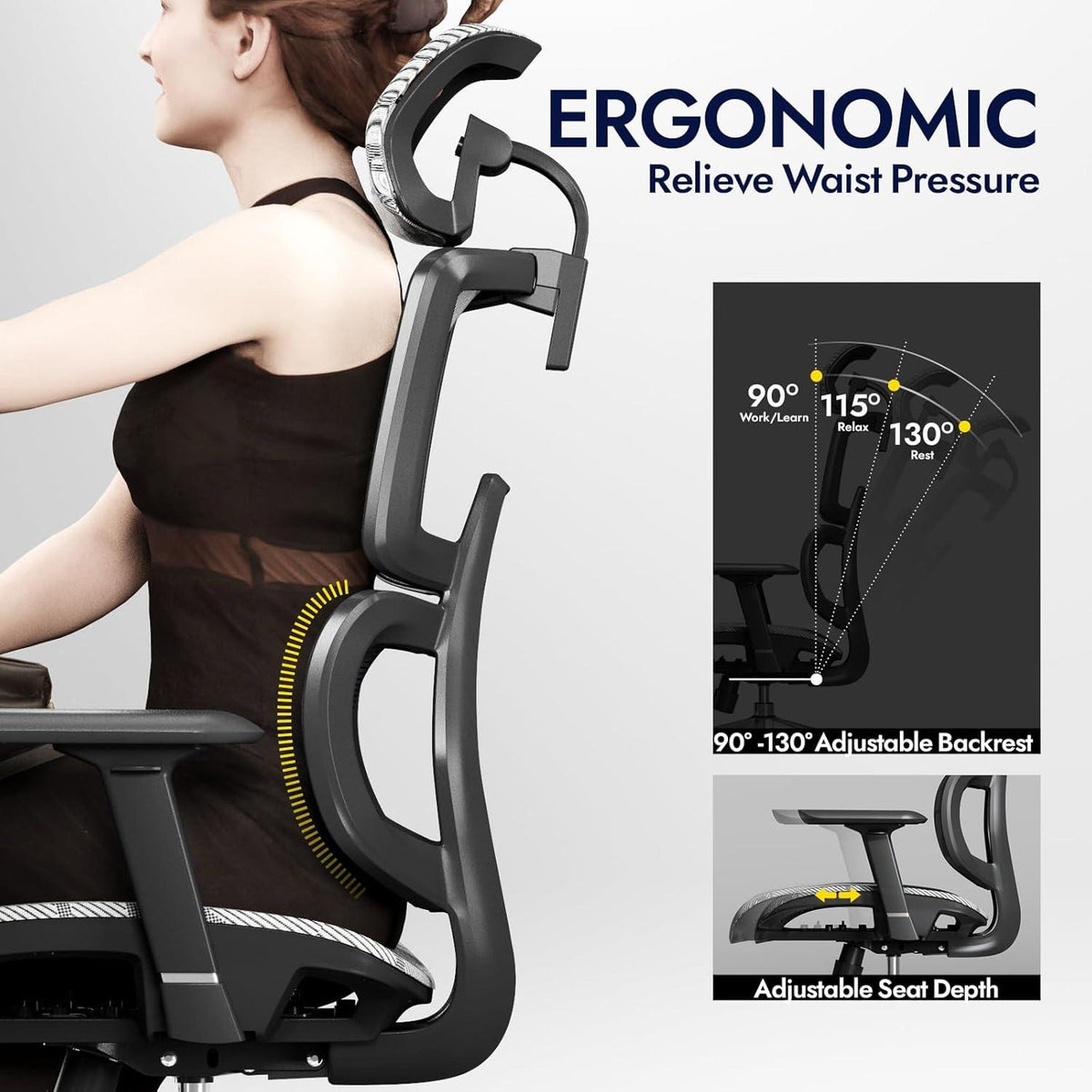 Ergonomischer Bürostuhl mit Lendenwirbelstütze und 3D Armlehne