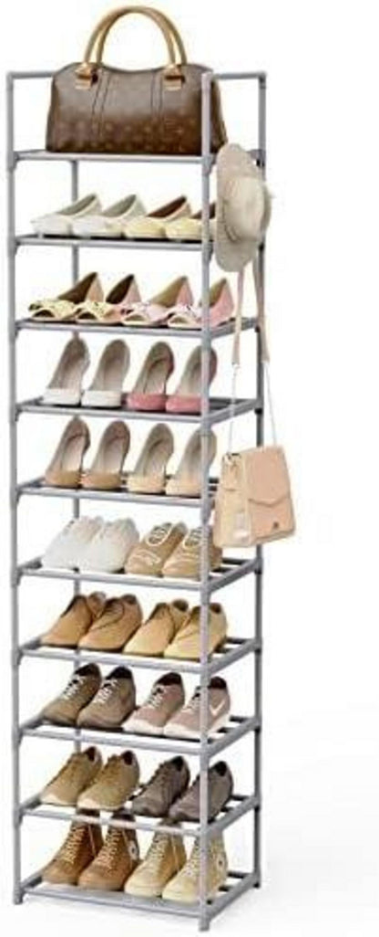 Schuhregal 10 Ebenen Metall Offen Schmal Hoch Grau Platzsparend