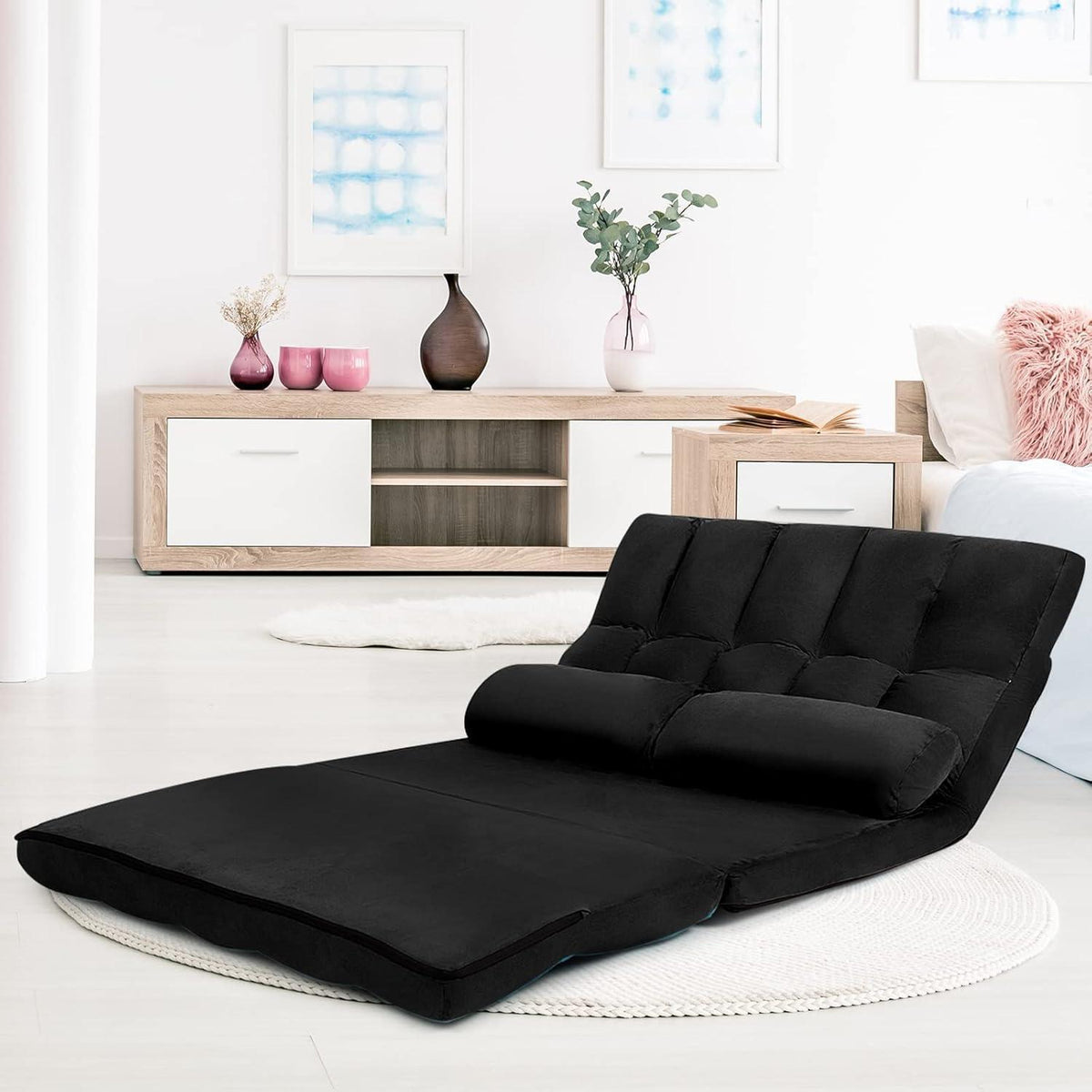 2-Sitzer Bodensofa mit Schlaffunktion – Verstellbares Liege Sofa Schwarz