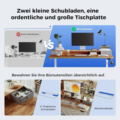 Höhenverstellbarer Schreibtisch mit 2 Schubladen 160 x 60 cm