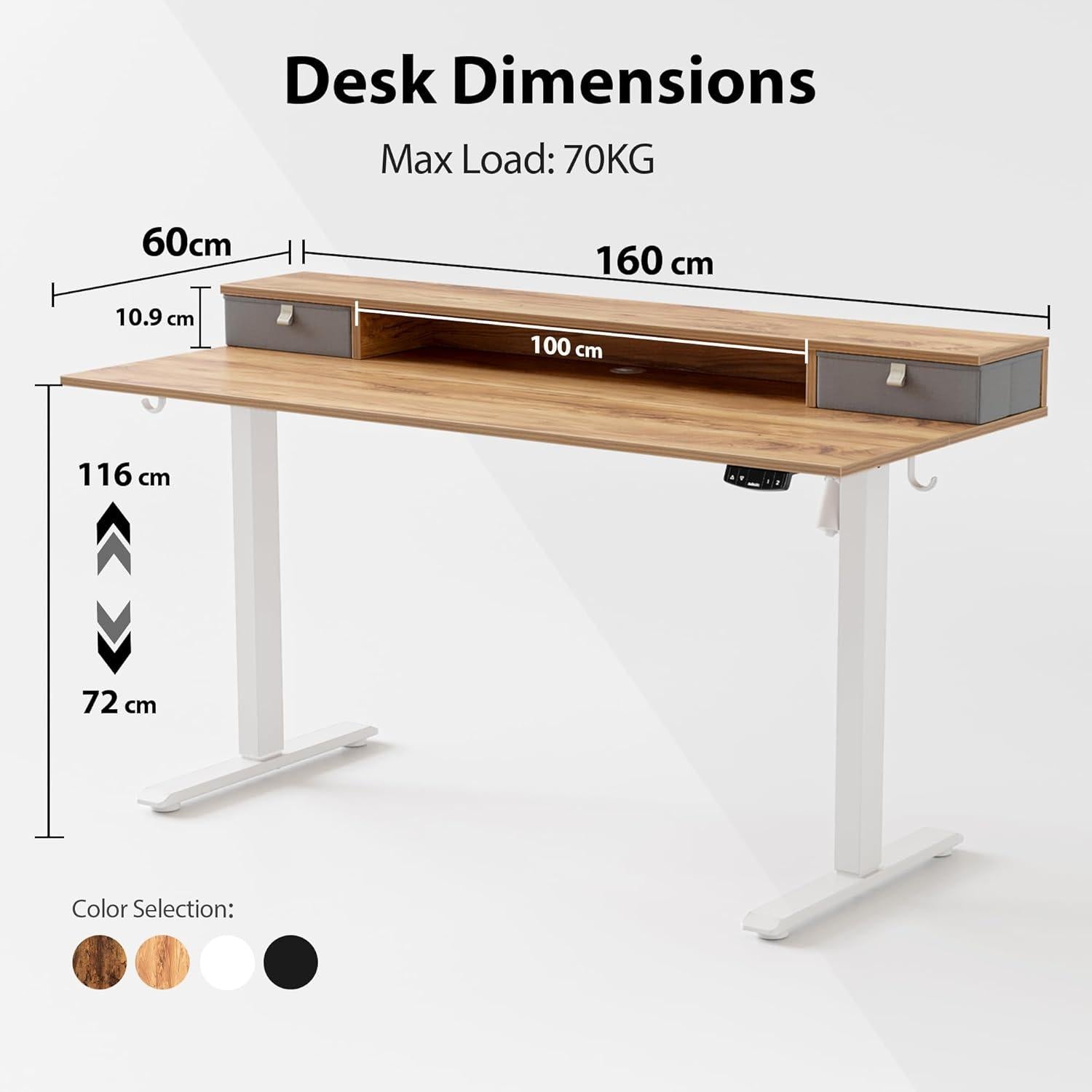 Höhenverstellbarer Schreibtisch 160x60cm mit 2 Schubladen Elektrisch