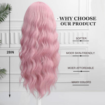Lange gewellte rosa Perücke mit Pony – Synthetisch & natürlich