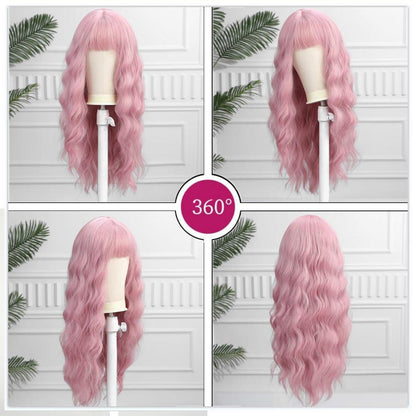 Lange gewellte rosa Perücke mit Pony – Synthetisch & natürlich