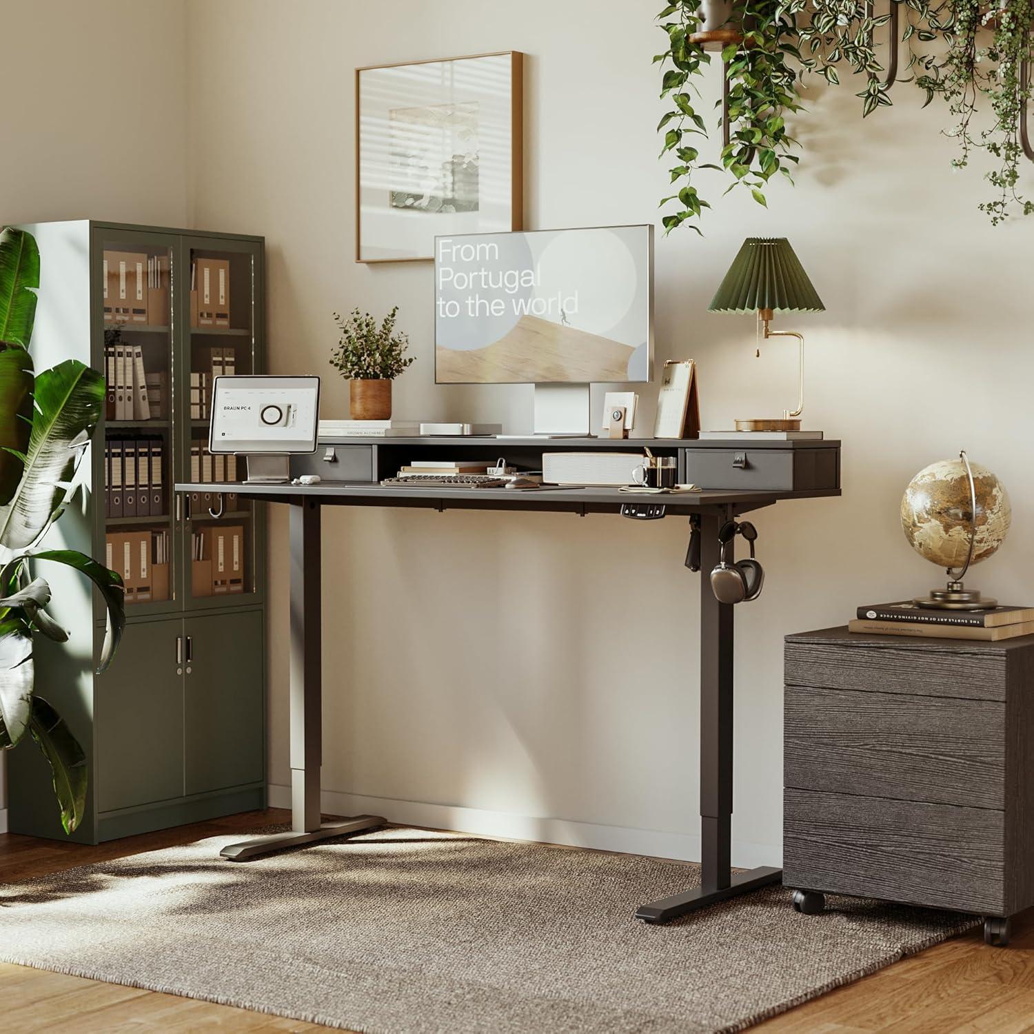 Höhenverstellbarer Schreibtisch mit 2 Schubladen, Elektrisch 140 x 60 cm Schwarz
