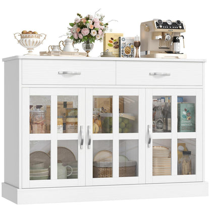 120cm Sideboard mit Glastüren & Schubladen – Weißes Küchenbuffet