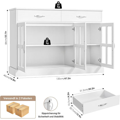 120cm Sideboard mit Glastüren & Schubladen – Weißes Küchenbuffet