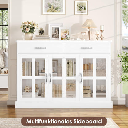 120cm Sideboard mit Glastüren & Schubladen – Weißes Küchenbuffet