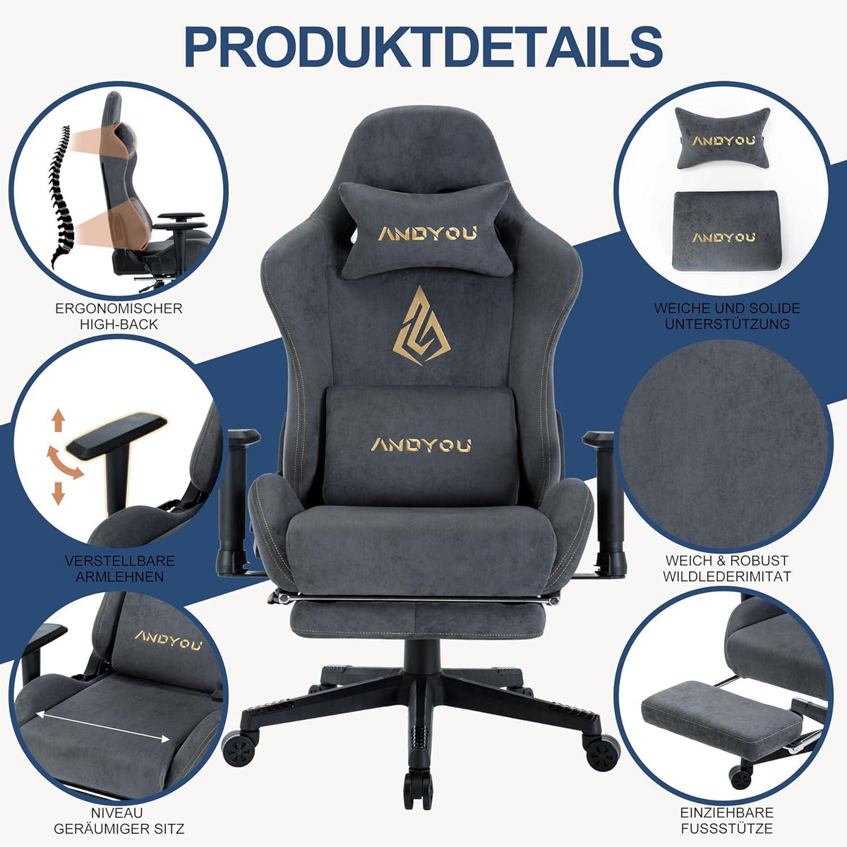 Ergonomischer Gaming Stuhl mit Fußstütze und verstellbaren