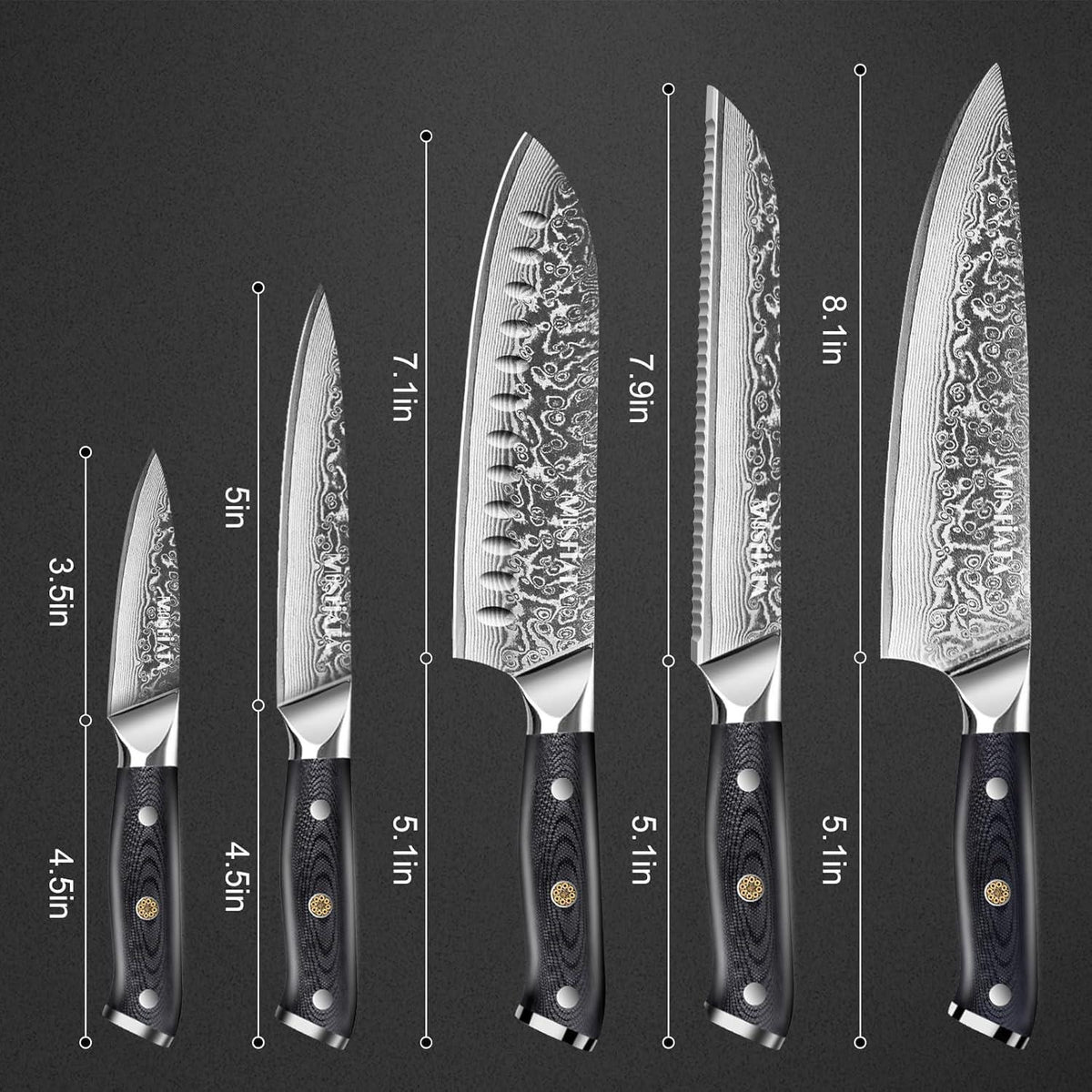 5-teiliges Damastmesser-Set mit Wetzstahl