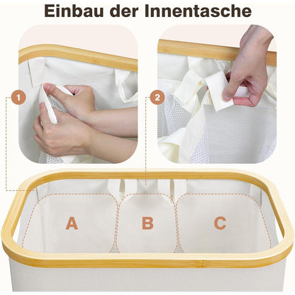 Wäschekorb mit Deckel 160L – 3 Fächer, Stoff & Bambus