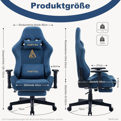 Ergonomischer Gaming Stuhl mit Fußstütze und Lendenkissen