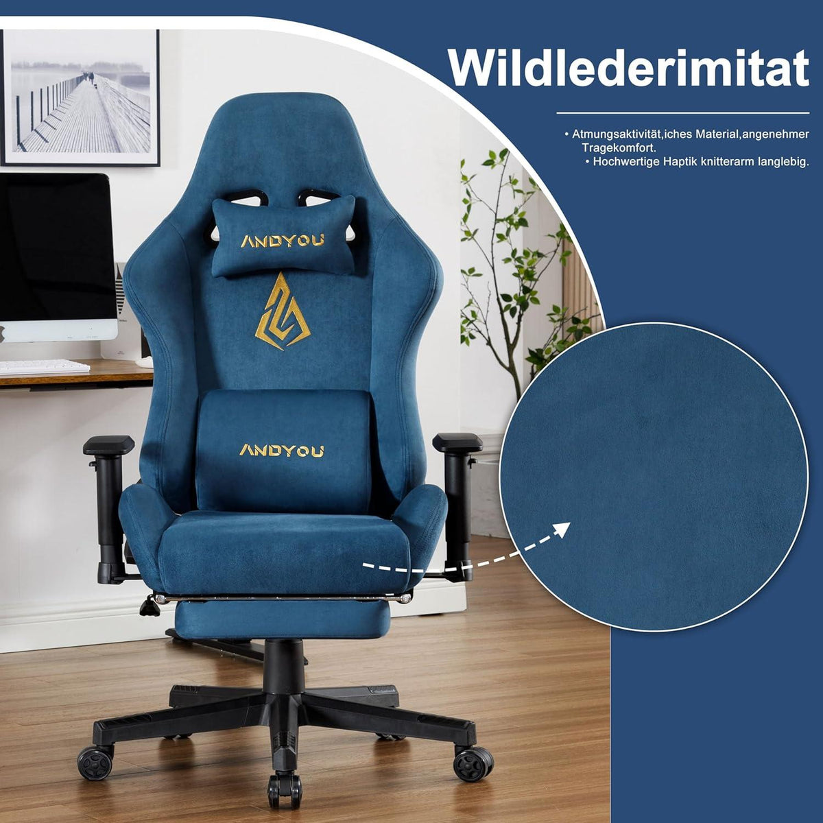 Ergonomischer Gaming Stuhl mit Fußstütze und Lendenkissen Blau