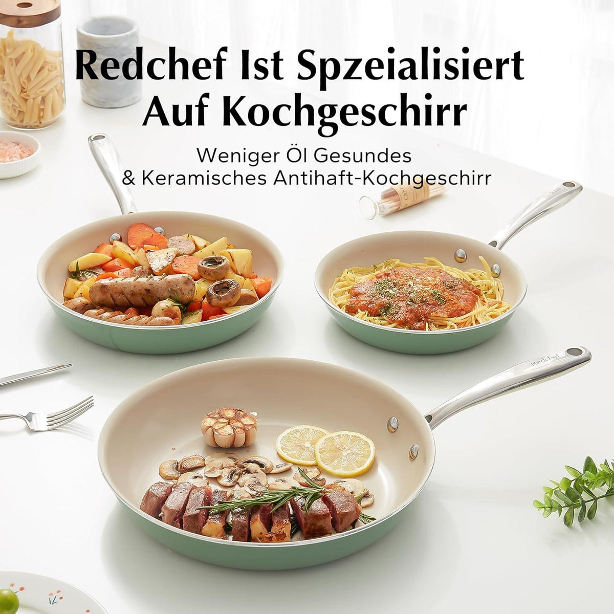 Redchef Keramik Bratpfannen Set Induktion 20/24/28 cm Grüne Keramikpfannen