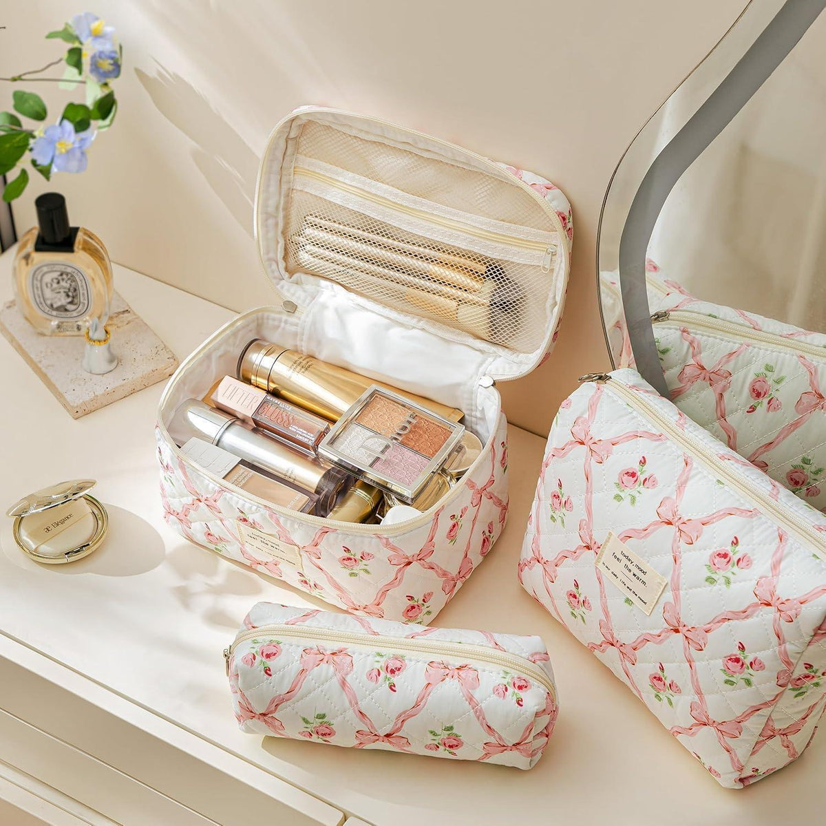 3er Kosmetiktaschen Set Damen Blumen Muster Gesteppt