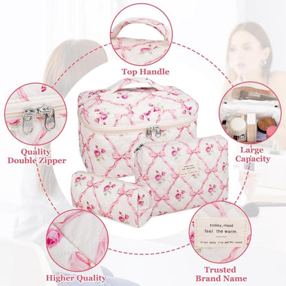 3er Kosmetiktaschen Set Damen Blumen Muster Gesteppt