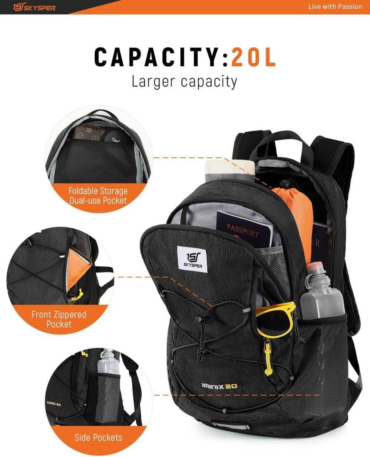 SKYSPER 20L Faltbarer Ultraleichter Wanderrucksack Schwarz