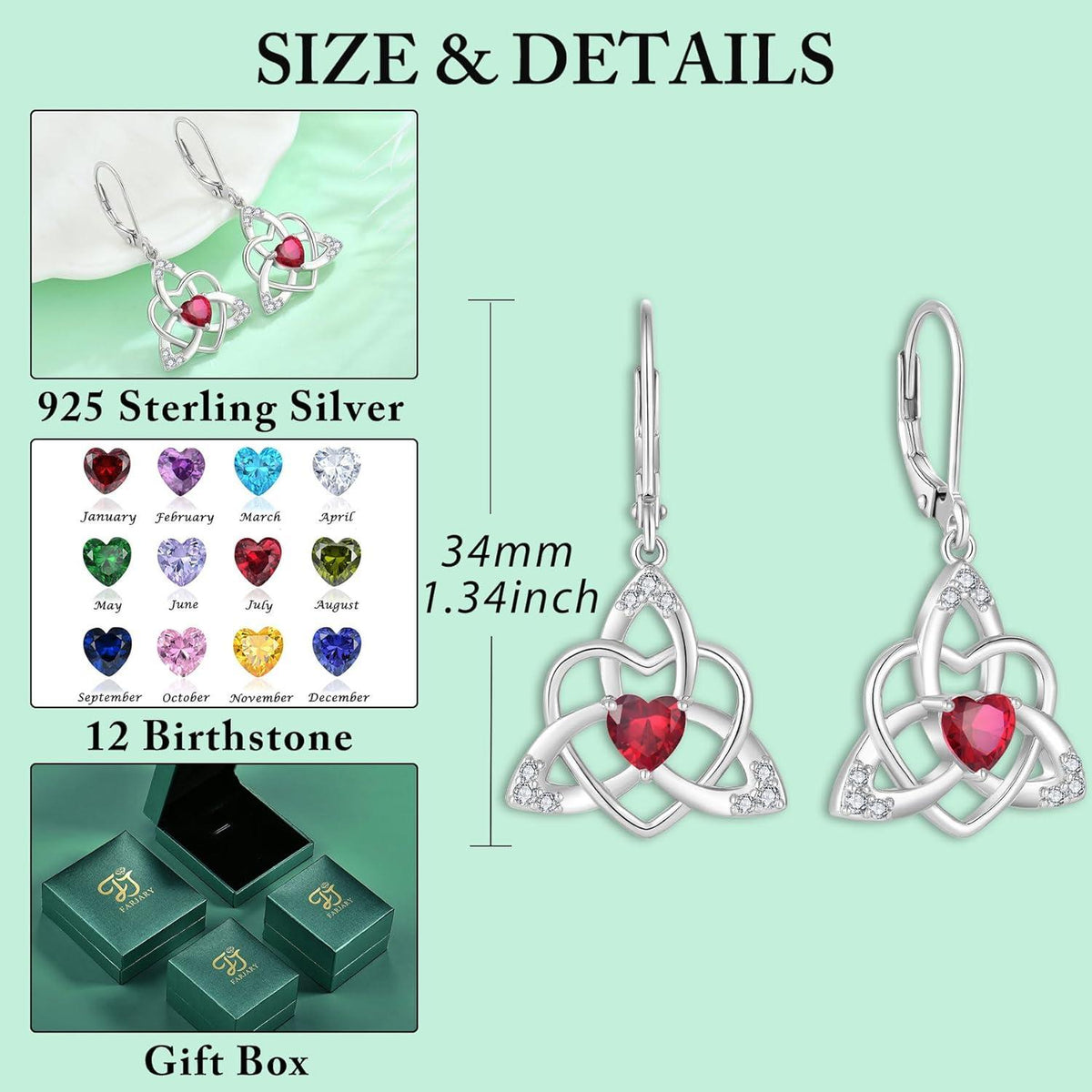 Keltischer Knoten Herz Ohrringe 925 Silber Geburtsstein Rubin J