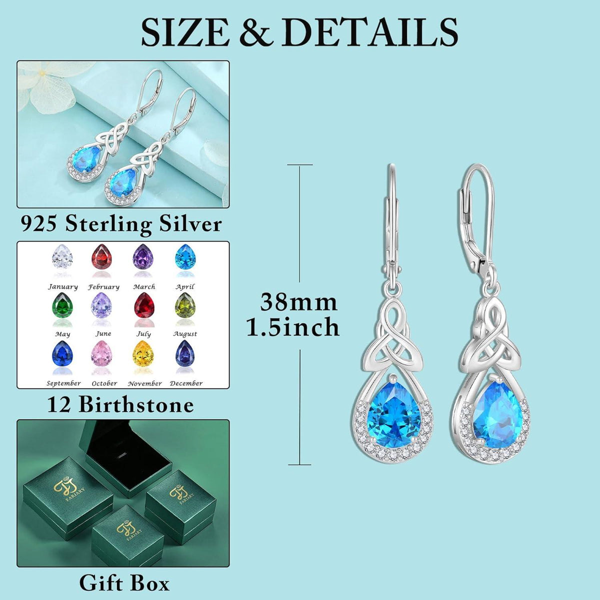 Keltischer Knoten Ohrringe Damen Sterling Silber Aquamarin Birthstone
